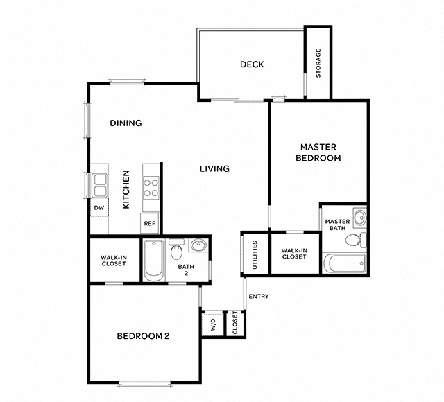 Floor plan for 2 beds, 2 baths, 938 sqft
